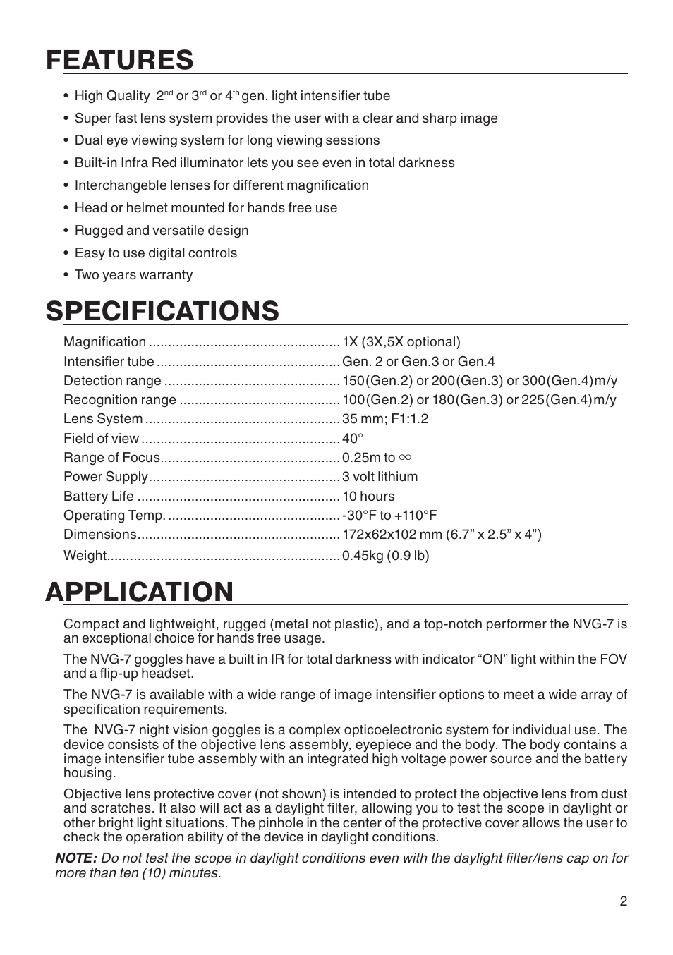 Eatres, Specifications, Application | ATN NVG-7 User Manual | Page 3 / 8