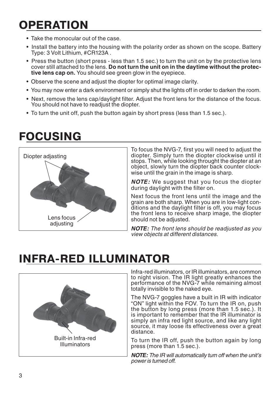 Operation, Ocsing, Inra-red illminator | ATN NVG-7 User Manual | Page 4 / 8