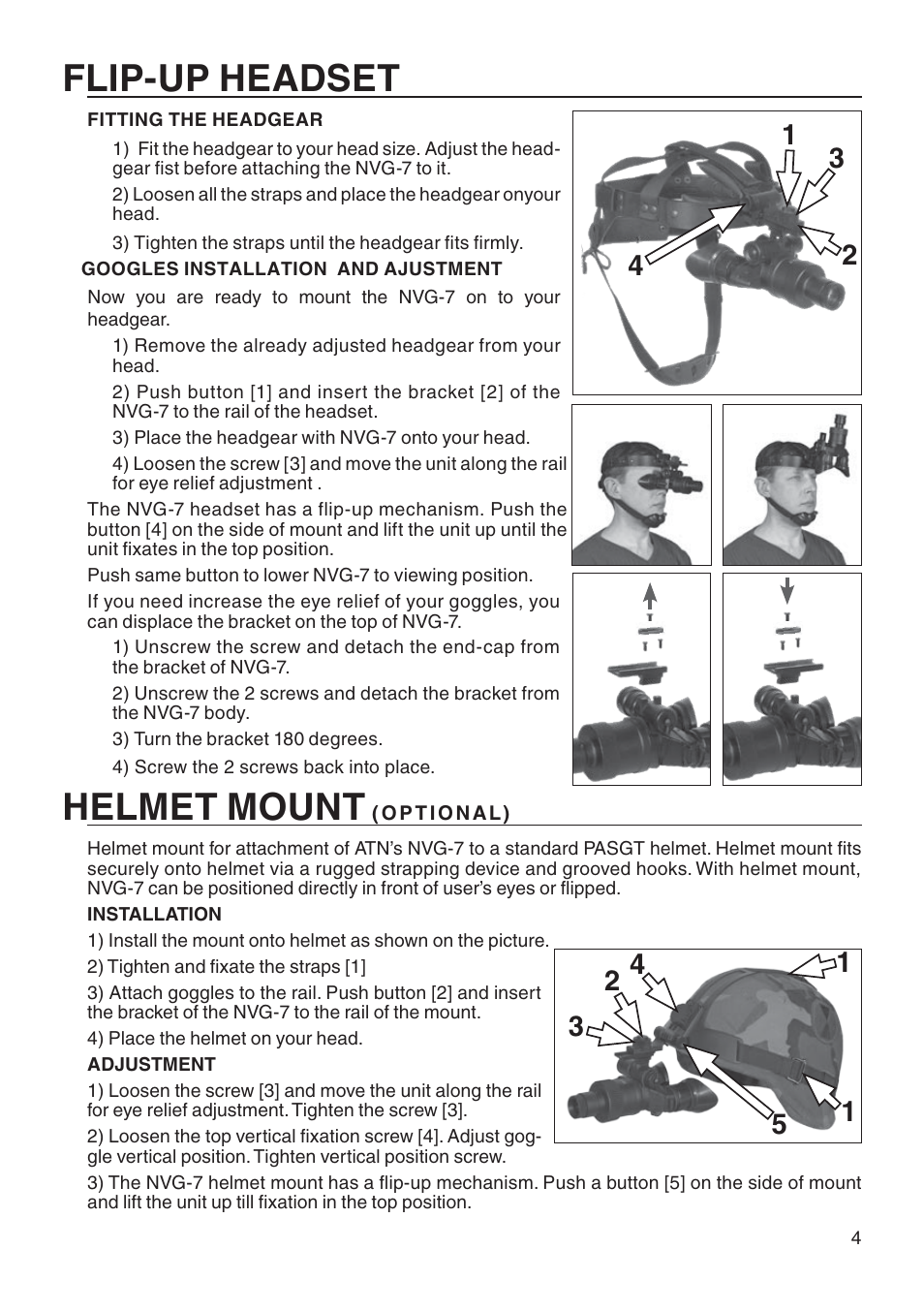 Helmet mount, Flipup headset | ATN NVG-7 User Manual | Page 5 / 8