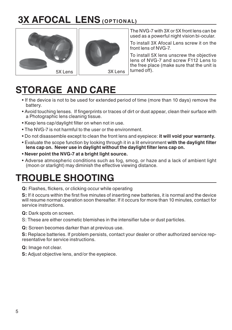 Storage and care, Trouble shooting, 3x afocal lens | ATN NVG-7 User Manual | Page 6 / 8