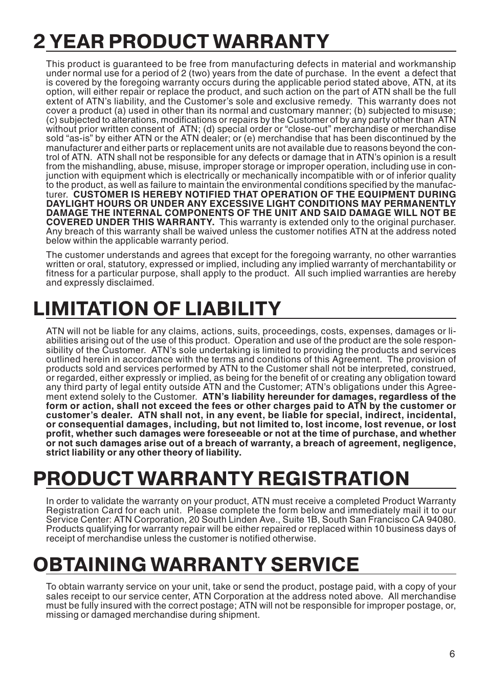 2 year product warranty, Limitation of liability, Product warranty registration | Obtaining warranty service | ATN NVG-7 User Manual | Page 7 / 8