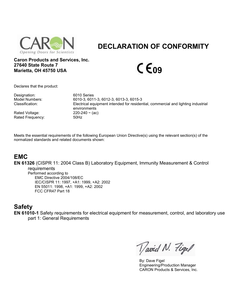 Declaration of conformity, Safety | Caron 6017 User Manual | Page 68 / 68