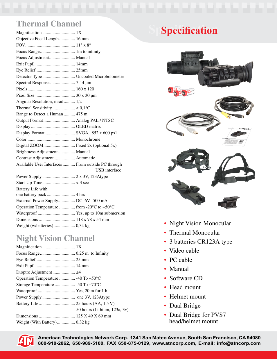 Specification, Thermal channel night vision channel | ATN Fusion Image Intensification Thermal System FIITS14 User Manual | Page 2 / 2