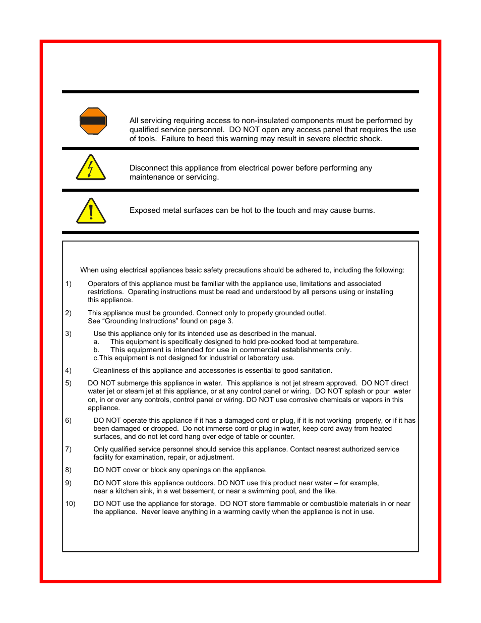Safety, Precautions, Important safety instructions | Save these instructions, Warning: electric shock hazard, Caution: electric shock hazard, Caution: burn hazard | Carter-Hoffmann MC243S-2T User Manual | Page 2 / 12