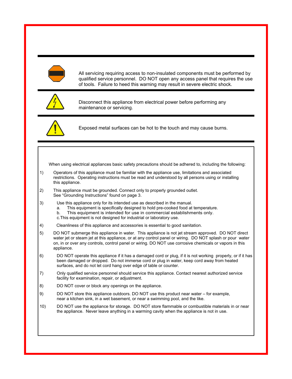 Safety, Precautions, Important safety instructions | Save these instructions, Warning: electric shock hazard, Caution: electric shock hazard, Caution: burn hazard | Carter-Hoffmann MZ243S-2T User Manual | Page 2 / 13