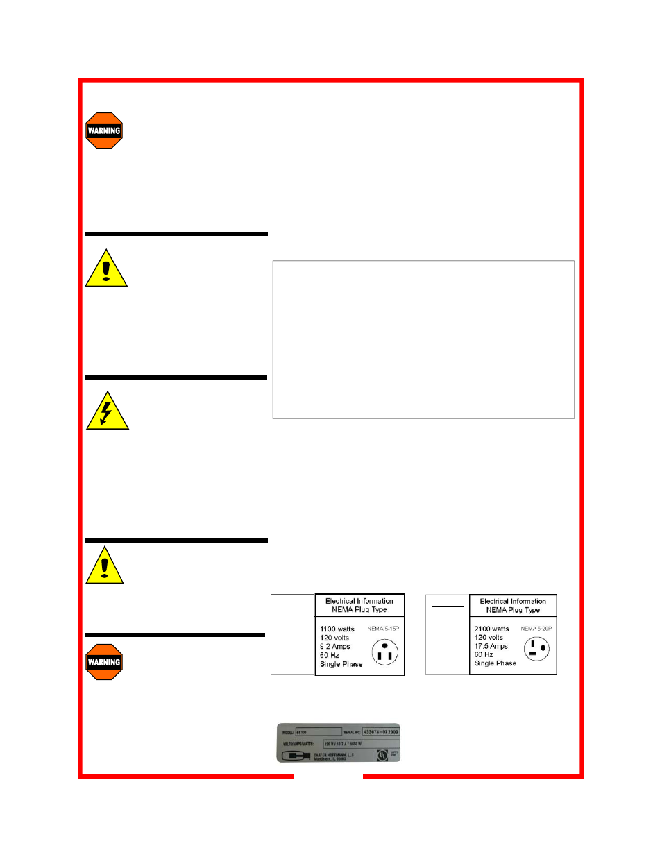 Caution, Warning, Installation and startup grounding instructions | Carter-Hoffmann HL5-18-12 User Manual | Page 5 / 13