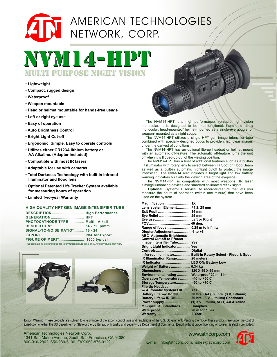 ATN Multi Purpose Night Vision NVM14-PT User Manual | 1 page