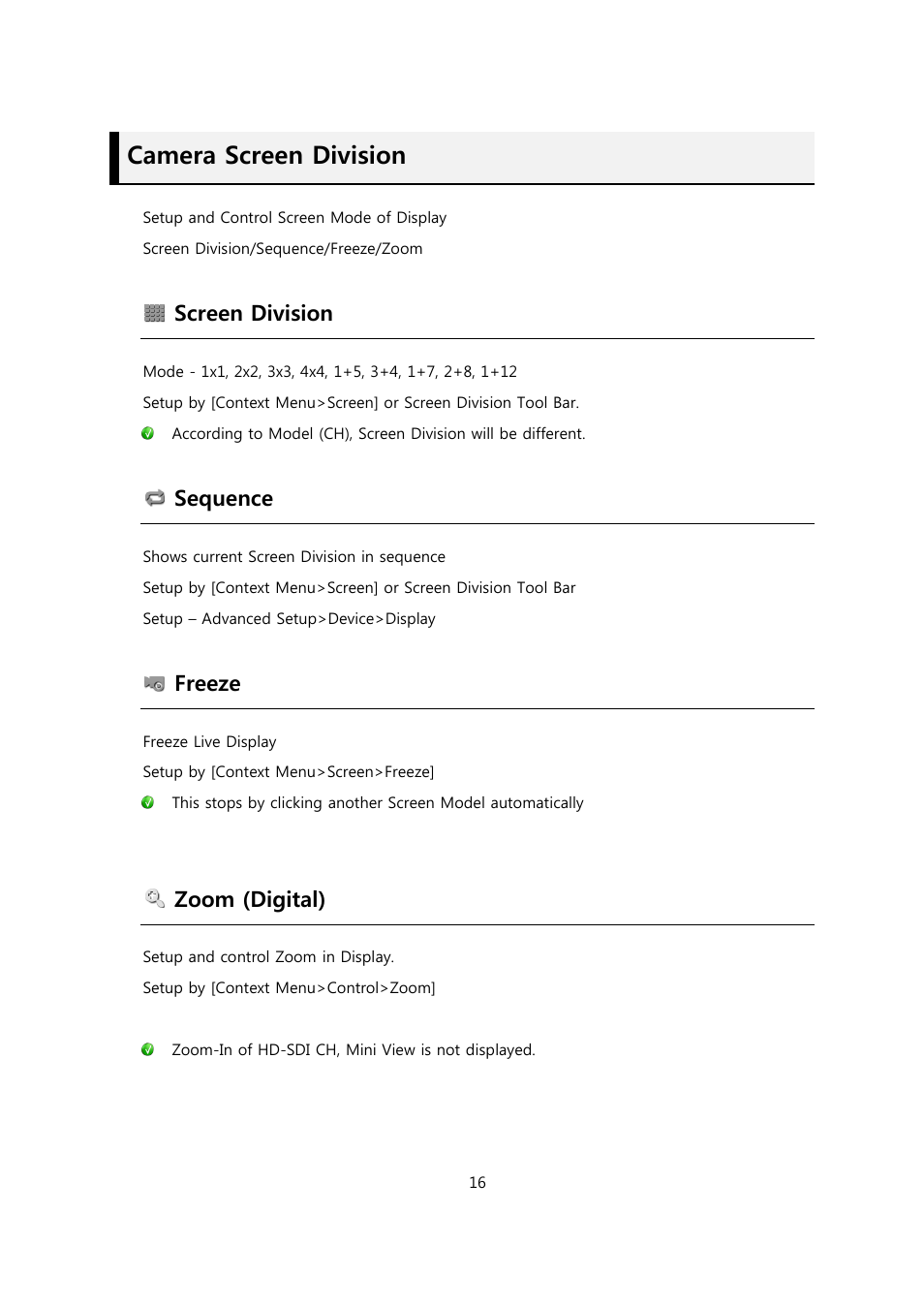 Camera screen division, Screen division, Sequence | Freeze, Zoom (digital) | CCTV Camera Pros Viewtron Video Surveillance DVRs - HD-SDI and Standard Definition CCTV Recorders User Manual | Page 16 / 51