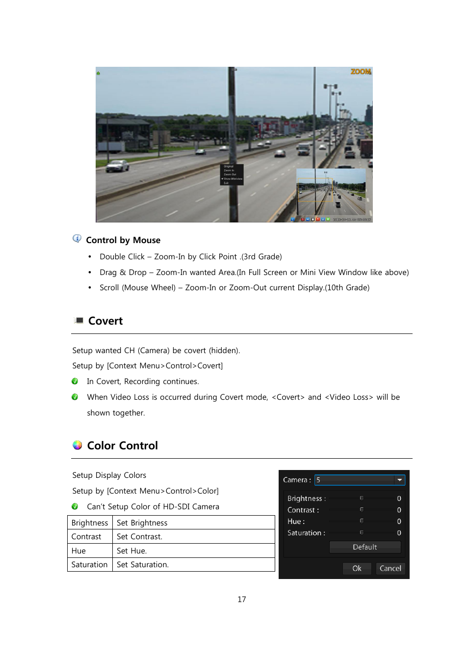 Covert, Color control | CCTV Camera Pros Viewtron Video Surveillance DVRs - HD-SDI and Standard Definition CCTV Recorders User Manual | Page 17 / 51