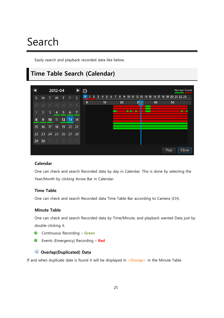 Search, Time table search (calendar) | CCTV Camera Pros Viewtron Video Surveillance DVRs - HD-SDI and Standard Definition CCTV Recorders User Manual | Page 25 / 51