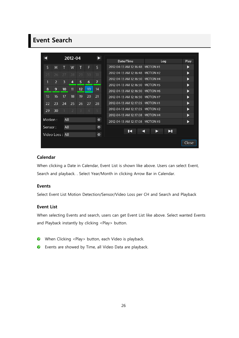 Event search | CCTV Camera Pros Viewtron Video Surveillance DVRs - HD-SDI and Standard Definition CCTV Recorders User Manual | Page 26 / 51