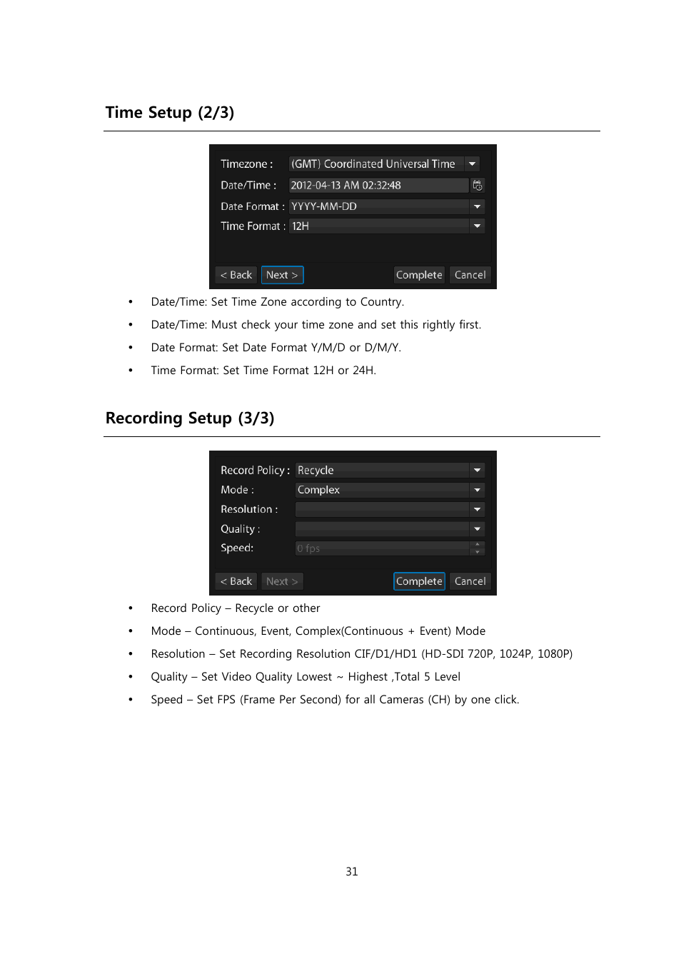 Time setup (2/3), Recording setup (3/3) | CCTV Camera Pros Viewtron Video Surveillance DVRs - HD-SDI and Standard Definition CCTV Recorders User Manual | Page 31 / 51