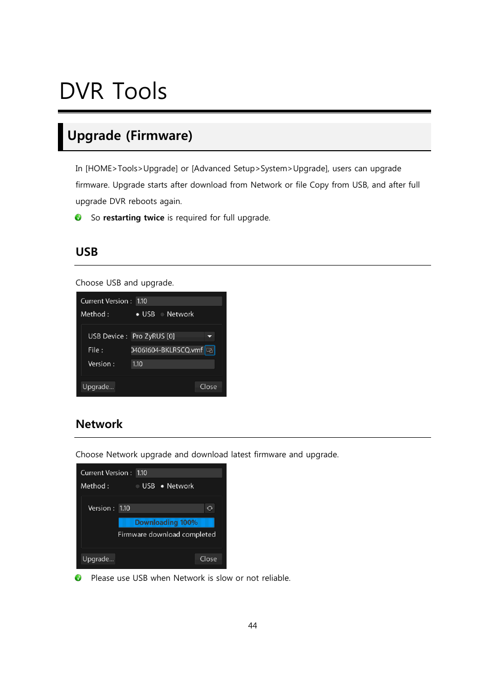 Dvr tools, Upgrade (firmware), Network | CCTV Camera Pros Viewtron Video Surveillance DVRs - HD-SDI and Standard Definition CCTV Recorders User Manual | Page 44 / 51