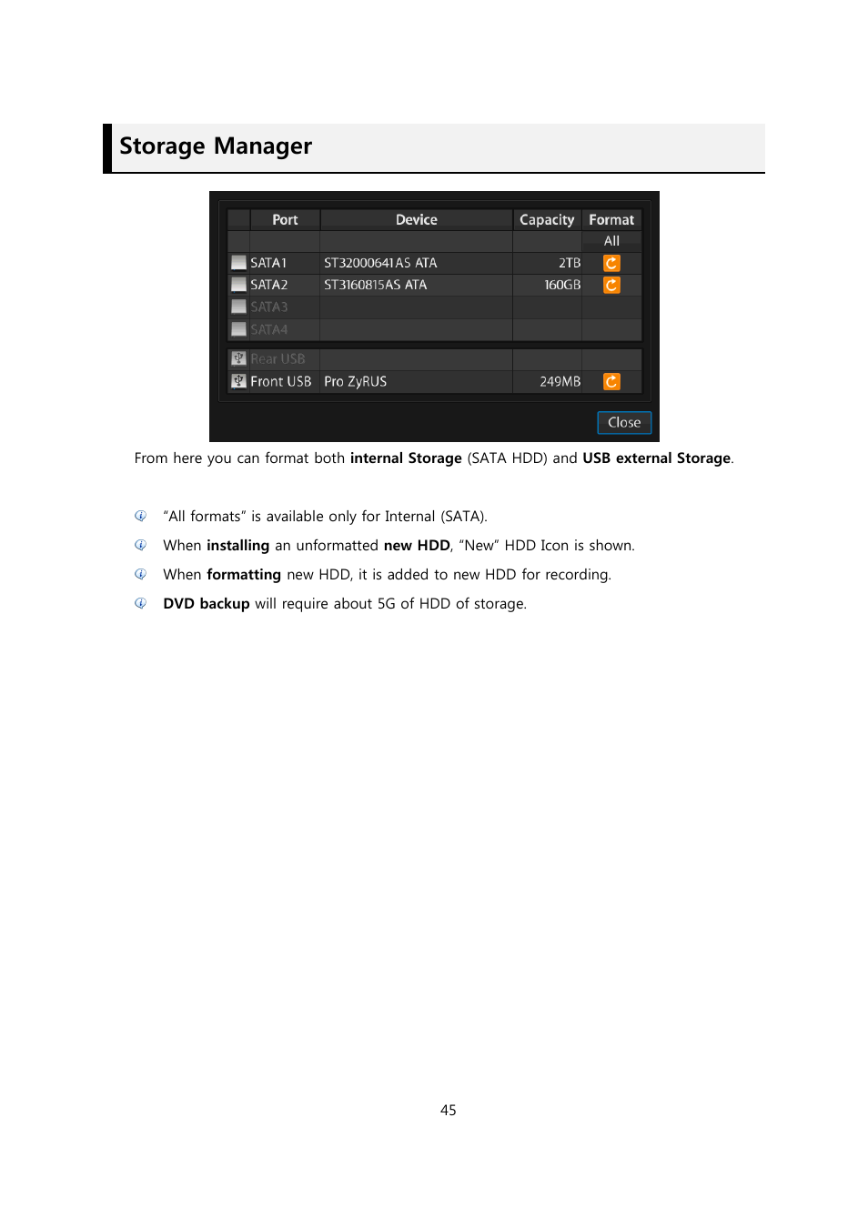 Storage manager | CCTV Camera Pros Viewtron Video Surveillance DVRs - HD-SDI and Standard Definition CCTV Recorders User Manual | Page 45 / 51