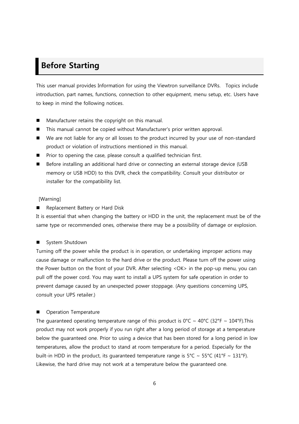 Before starting | CCTV Camera Pros Viewtron Video Surveillance DVRs - HD-SDI and Standard Definition CCTV Recorders User Manual | Page 6 / 51