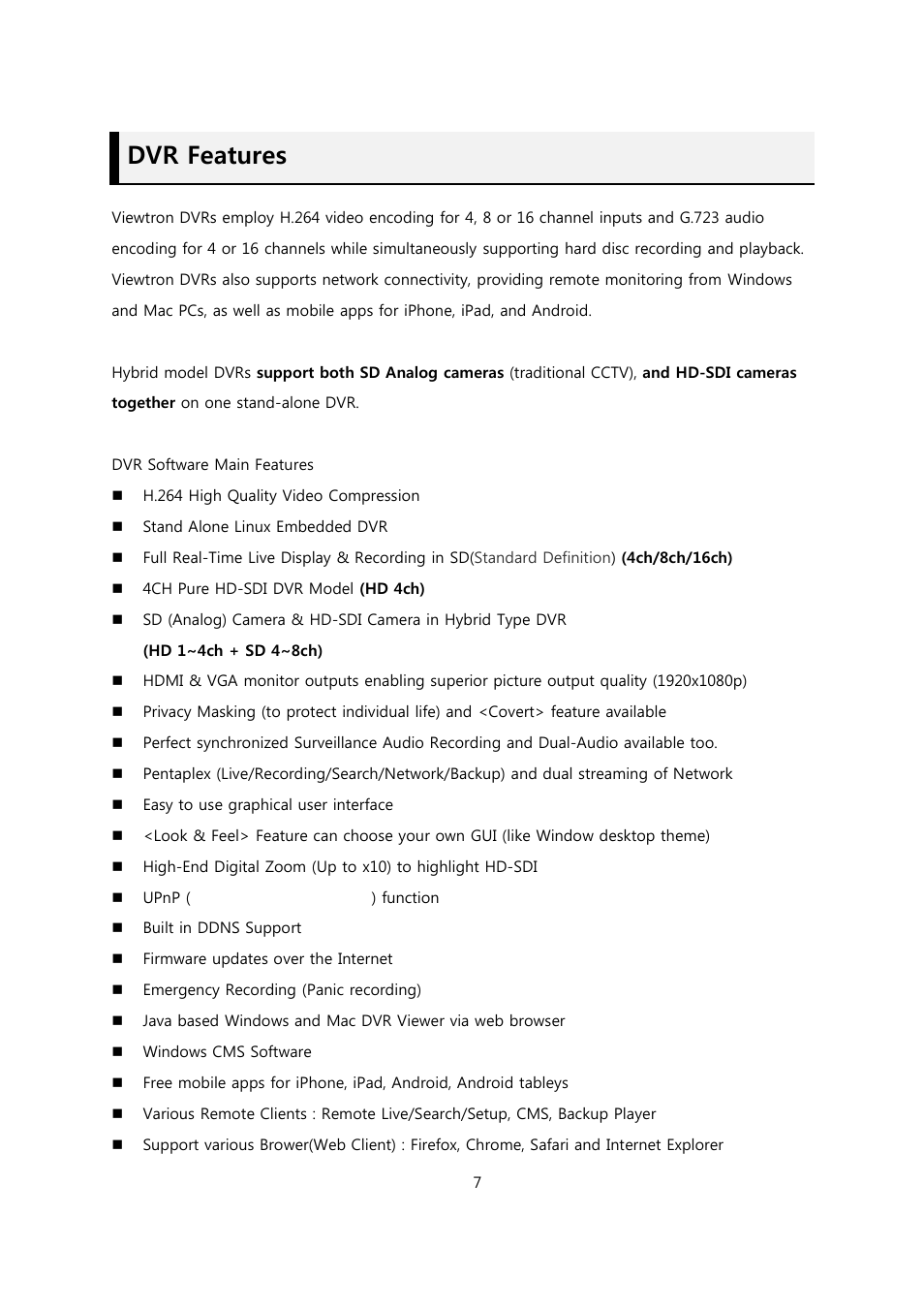 Dvr features | CCTV Camera Pros Viewtron Video Surveillance DVRs - HD-SDI and Standard Definition CCTV Recorders User Manual | Page 7 / 51