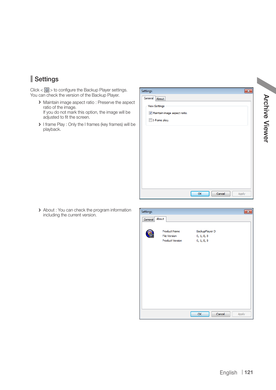 Arc hiv e v iew er, Settings | CCTV Camera Pros iDVR-PRO A Series DVRs User Manual | Page 121 / 136