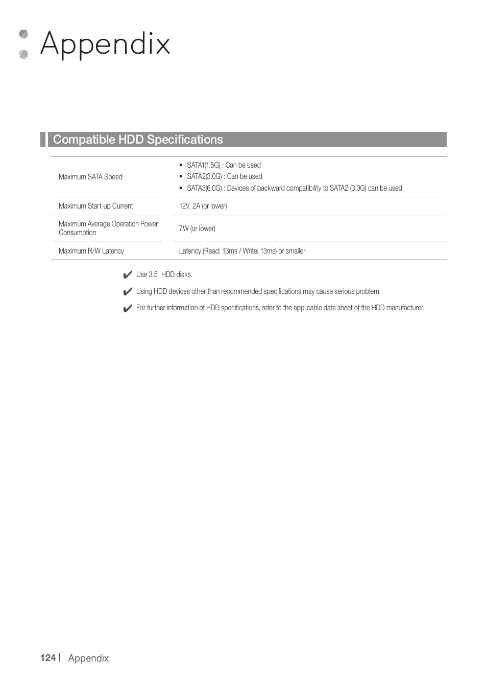 Appendix, Compatible hdd speciﬁcations | CCTV Camera Pros iDVR-PRO A Series DVRs User Manual | Page 124 / 136