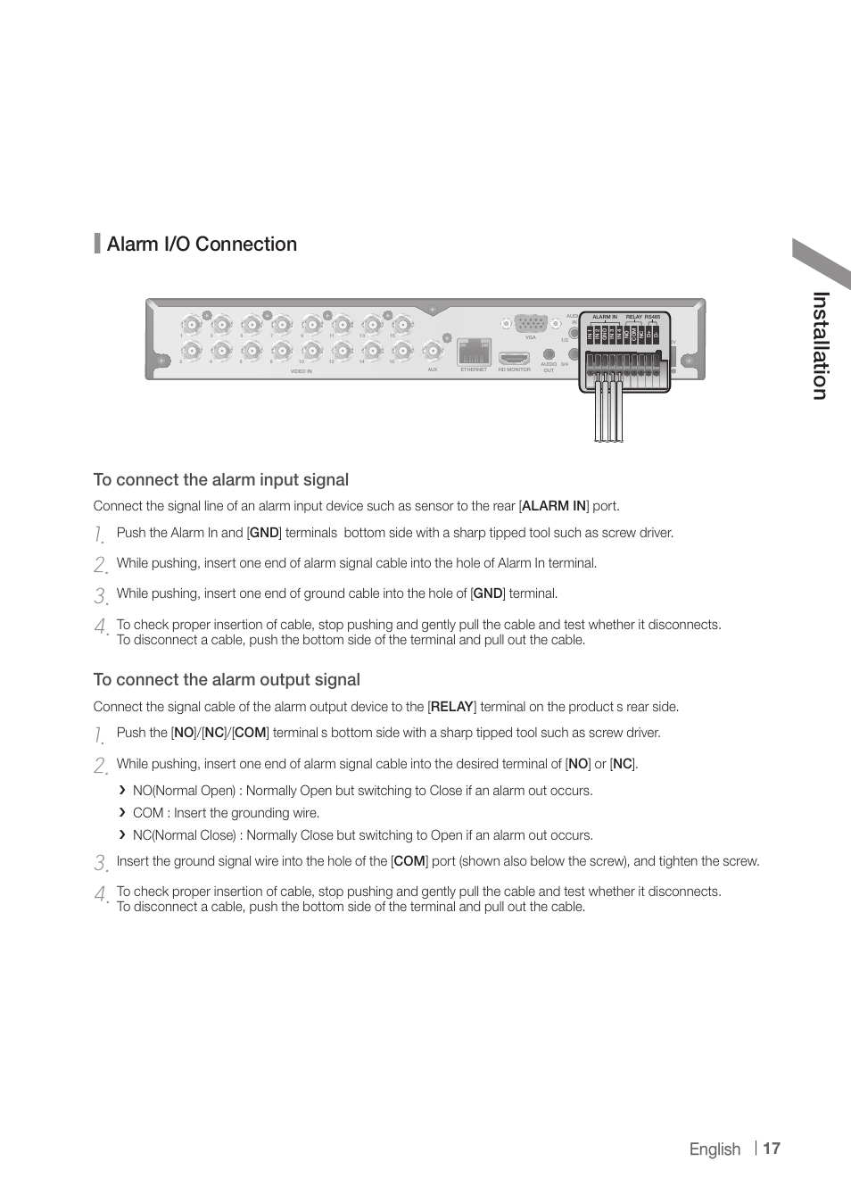 Ins tall atio n, Alarm i/o connection, English | CCTV Camera Pros iDVR-PRO A Series DVRs User Manual | Page 17 / 136