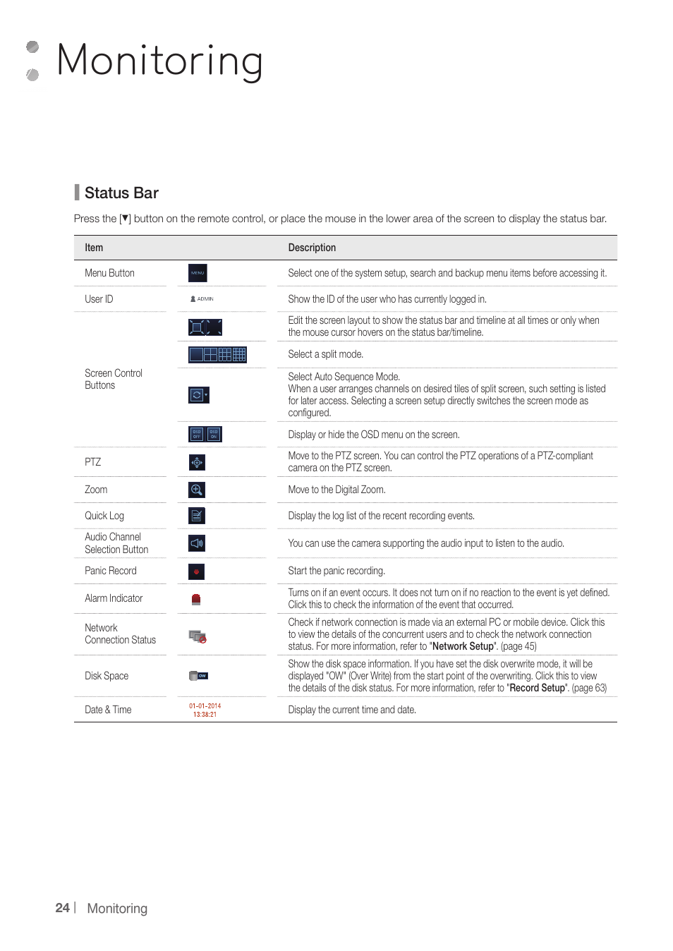 Monitoring, Status bar | CCTV Camera Pros iDVR-PRO A Series DVRs User Manual | Page 24 / 136