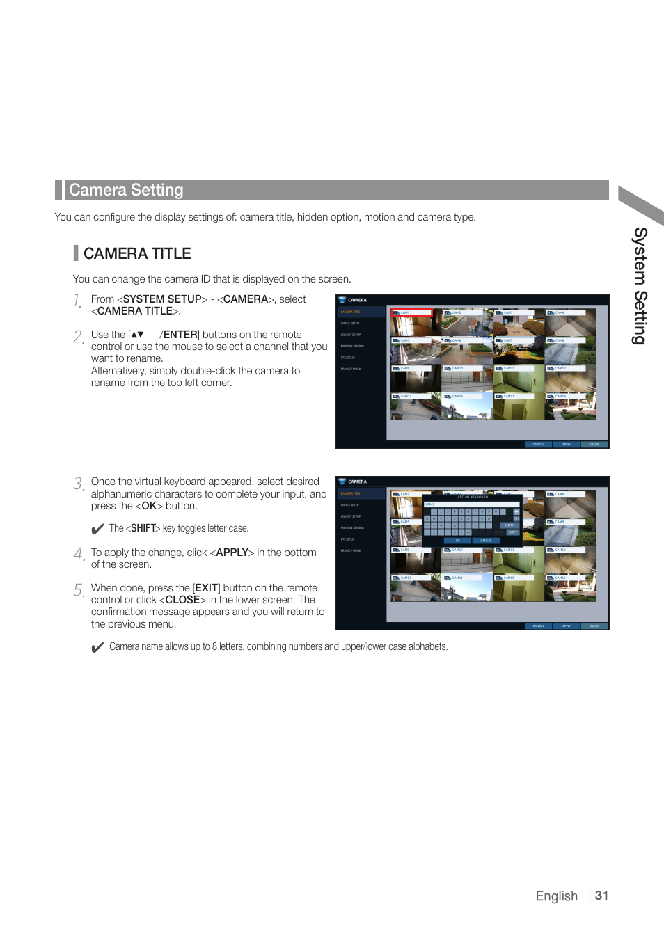 Camera setting, Sy ste m s ett ing | CCTV Camera Pros iDVR-PRO A Series DVRs User Manual | Page 31 / 136