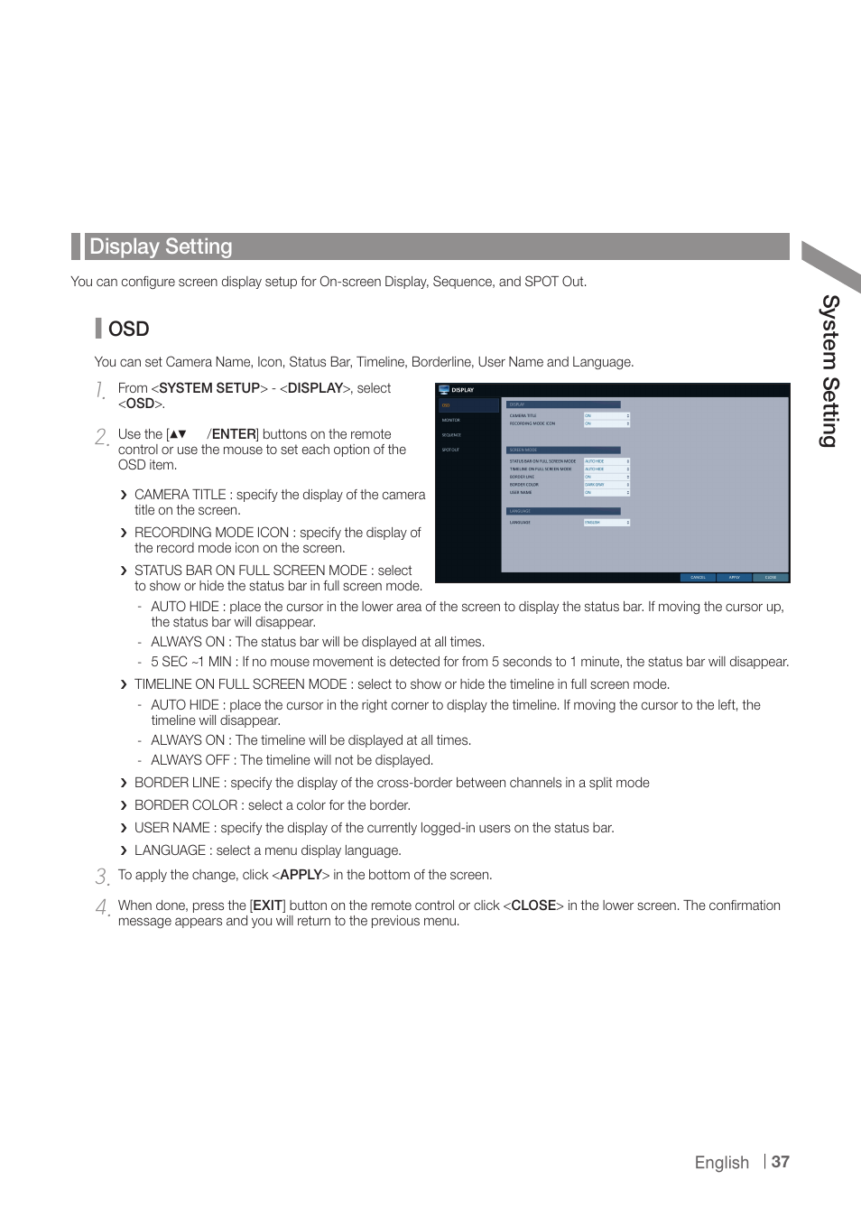 Display setting, Sy ste m s ett ing | CCTV Camera Pros iDVR-PRO A Series DVRs User Manual | Page 37 / 136