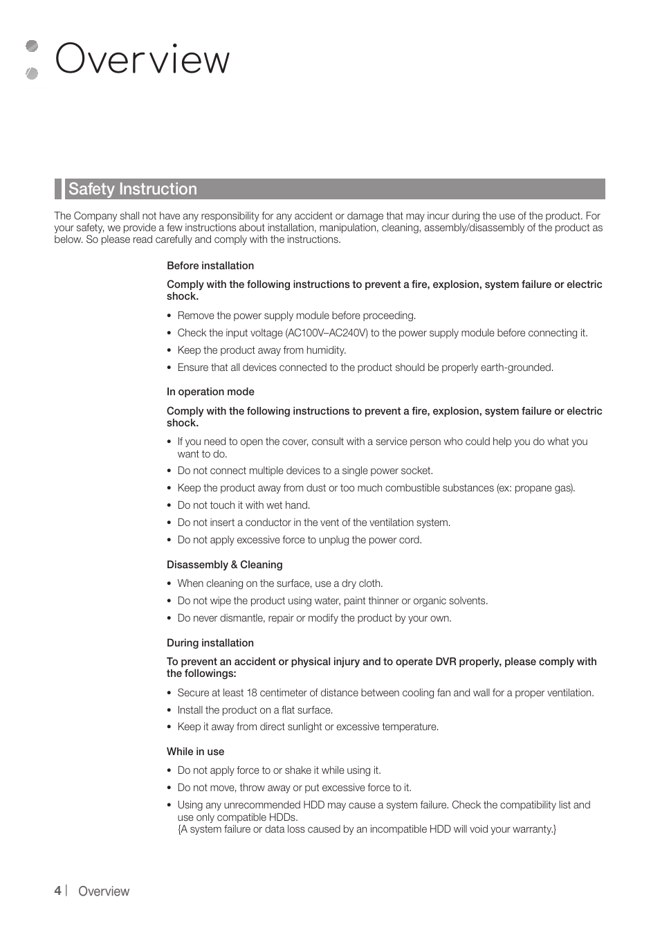 Overview, Safety instruction | CCTV Camera Pros iDVR-PRO A Series DVRs User Manual | Page 4 / 136