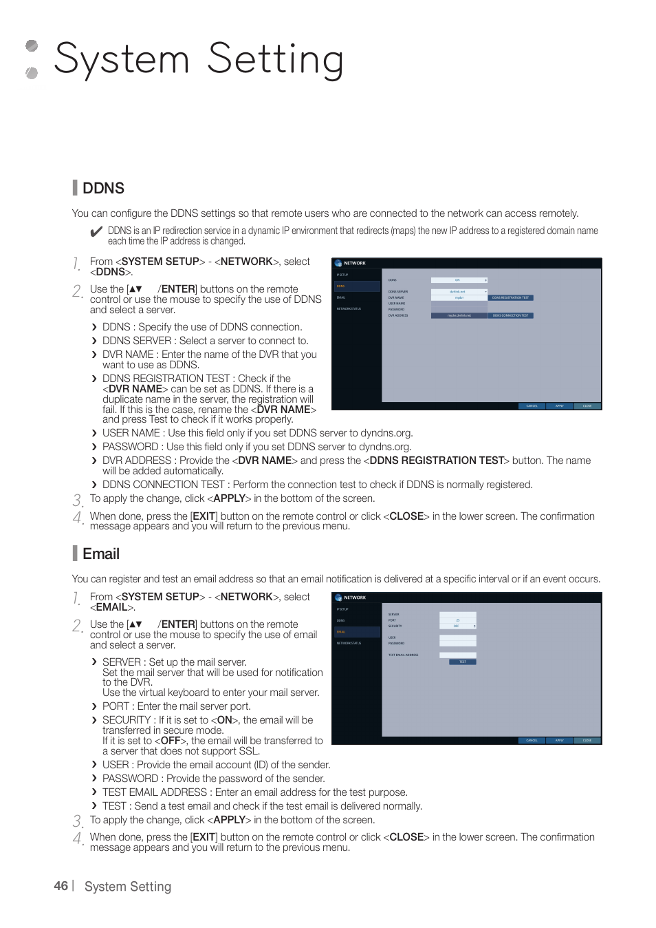 System setting, Ddns, Email | CCTV Camera Pros iDVR-PRO A Series DVRs User Manual | Page 46 / 136