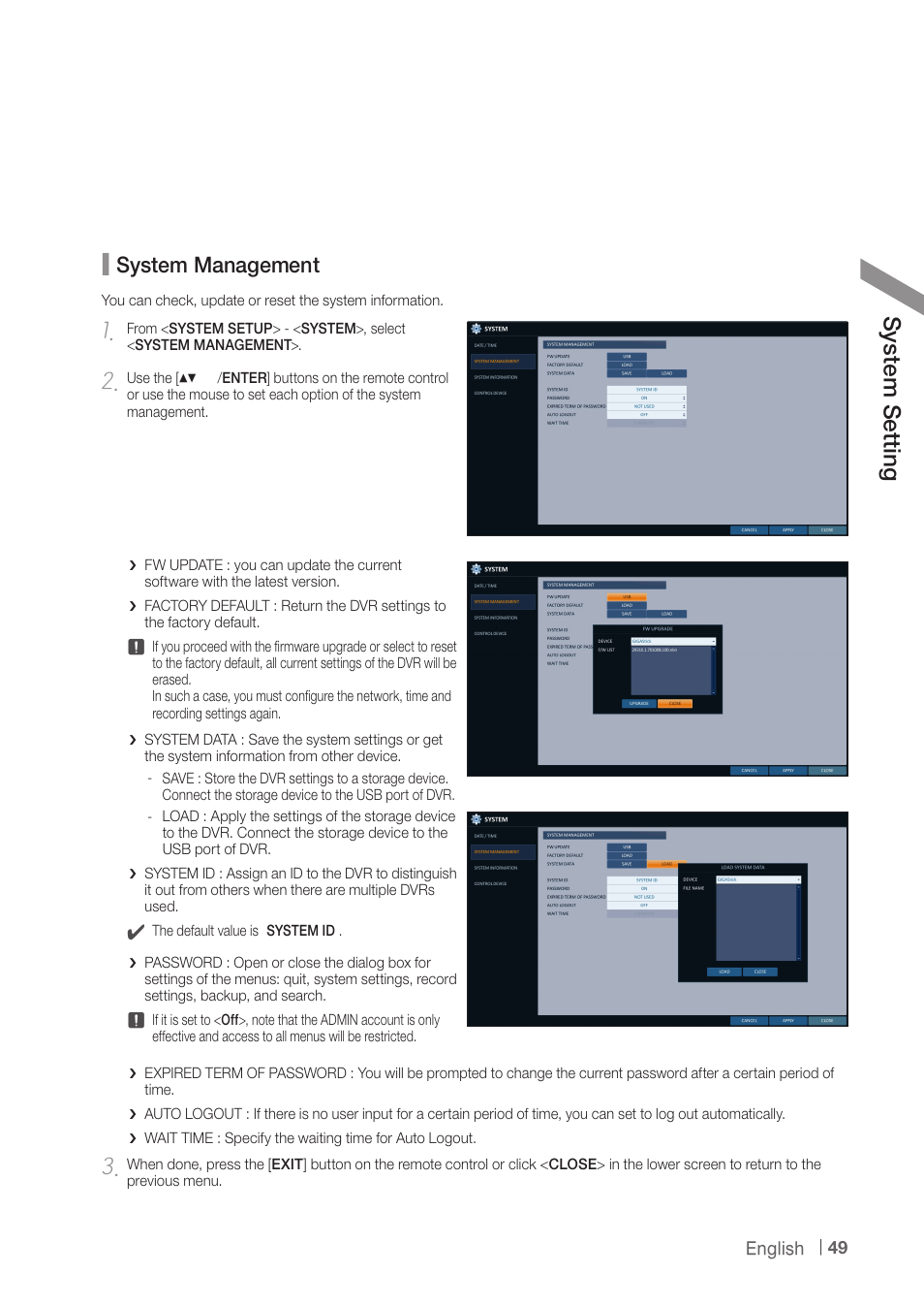 Sy ste m s ett ing, System management | CCTV Camera Pros iDVR-PRO A Series DVRs User Manual | Page 49 / 136
