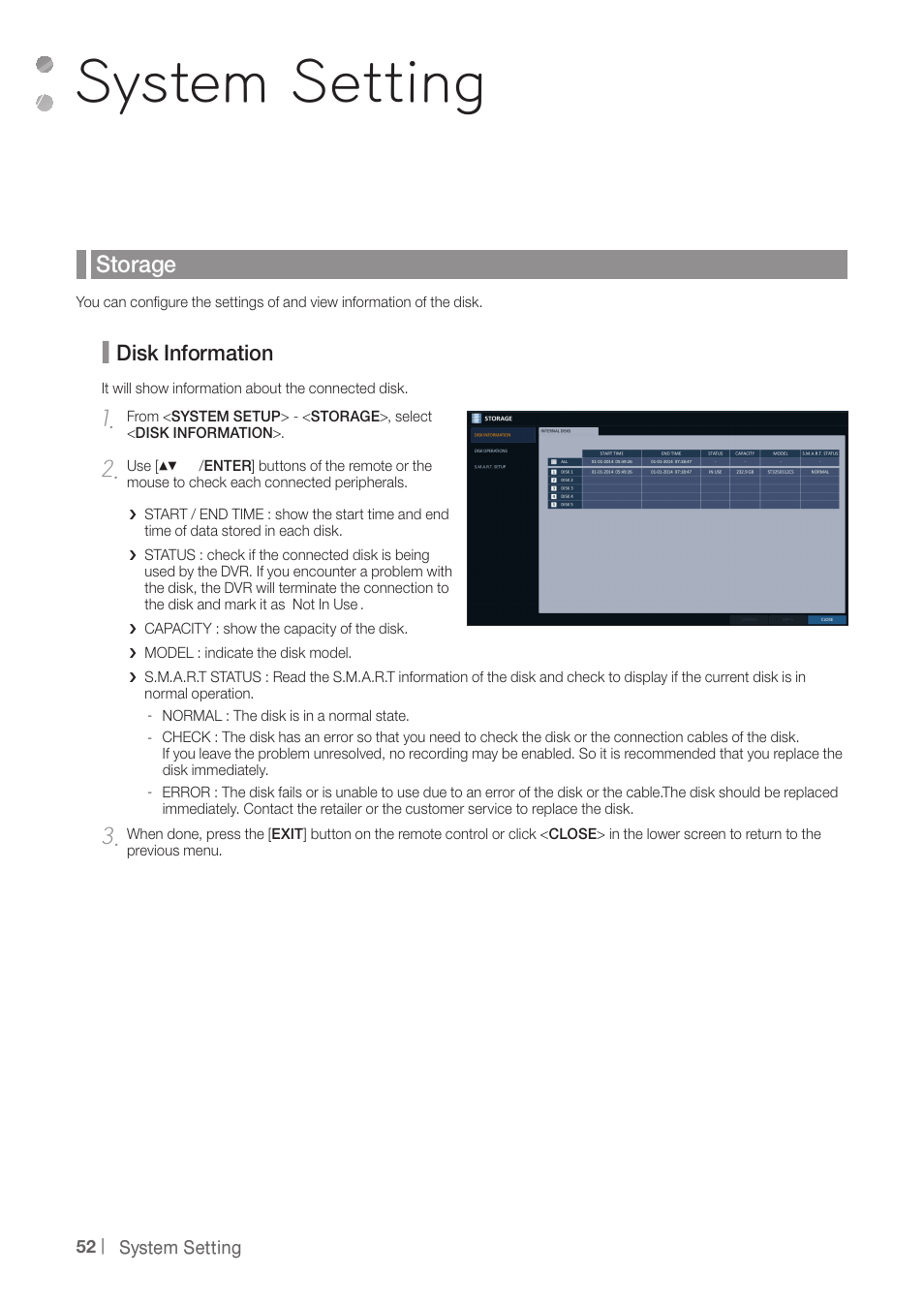 System setting, Storage, Disk information | CCTV Camera Pros iDVR-PRO A Series DVRs User Manual | Page 52 / 136