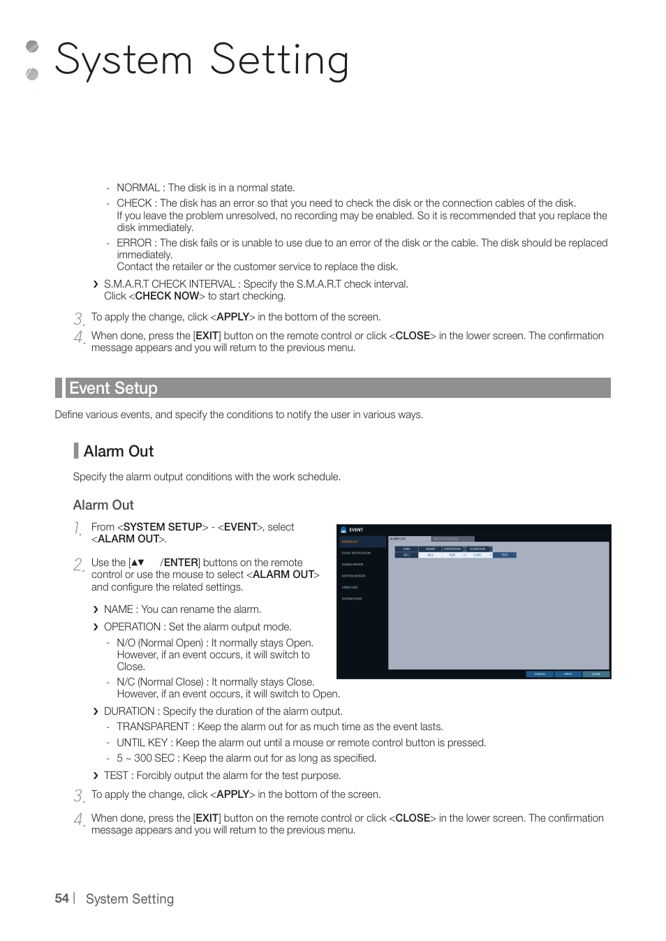 System setting, Event setup, Alarm out | CCTV Camera Pros iDVR-PRO A Series DVRs User Manual | Page 54 / 136