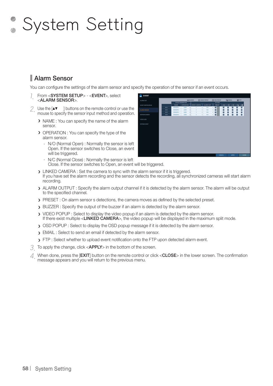 System setting, Alarm sensor | CCTV Camera Pros iDVR-PRO A Series DVRs User Manual | Page 58 / 136