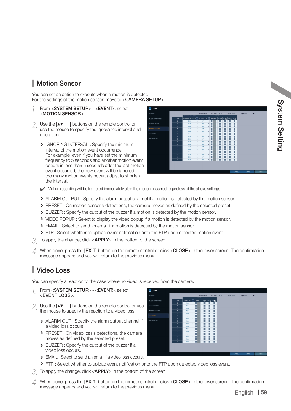 Sy ste m s ett ing, Motion sensor, Video loss | CCTV Camera Pros iDVR-PRO A Series DVRs User Manual | Page 59 / 136