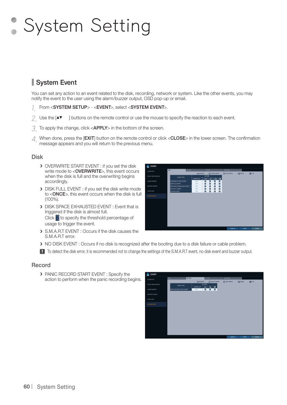 System setting, System event | CCTV Camera Pros iDVR-PRO A Series DVRs User Manual | Page 60 / 136