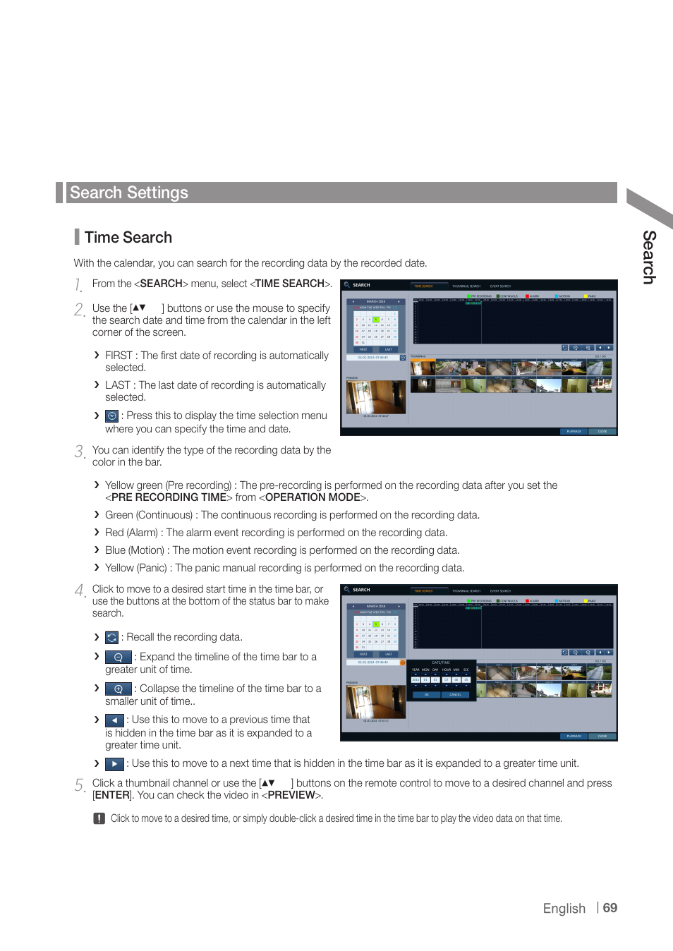 Search settings, Se arc h, Time search | CCTV Camera Pros iDVR-PRO A Series DVRs User Manual | Page 69 / 136