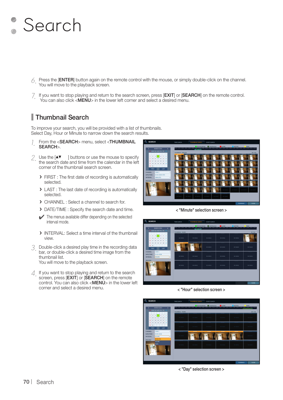 Search, Thumbnail search | CCTV Camera Pros iDVR-PRO A Series DVRs User Manual | Page 70 / 136