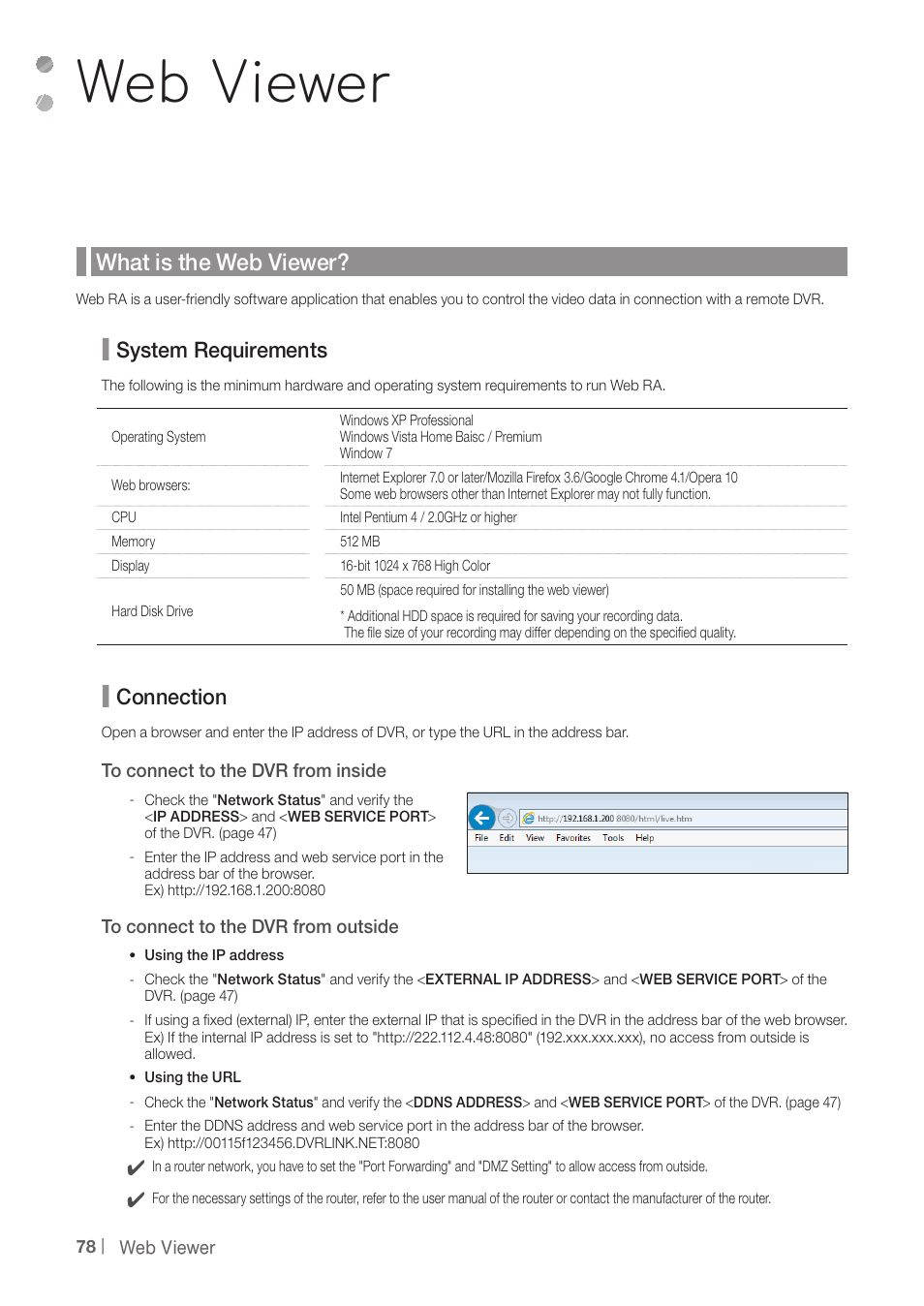 Web viewer, What is the web viewer, System requirements | Connection | CCTV Camera Pros iDVR-PRO A Series DVRs User Manual | Page 78 / 136
