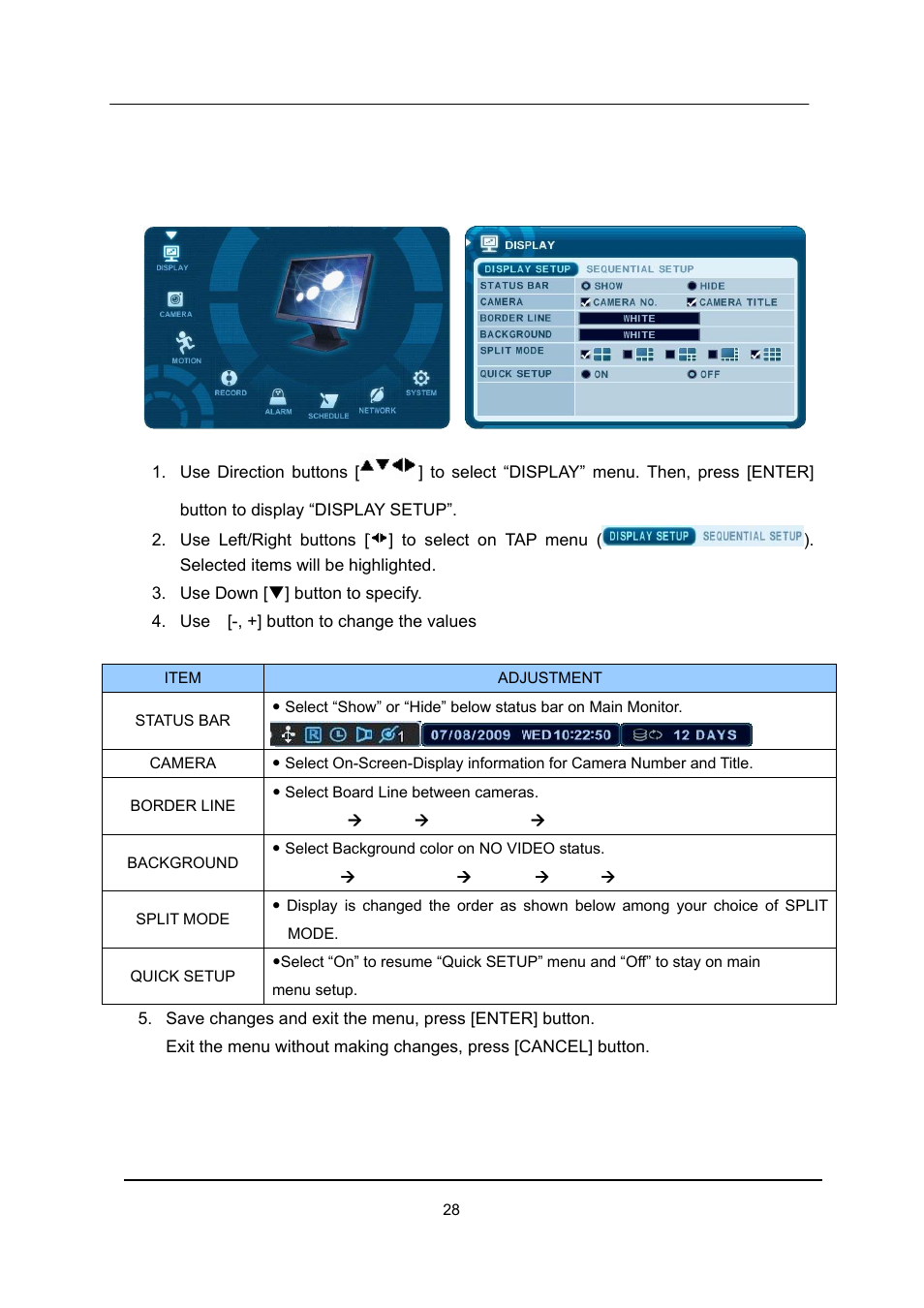 Display option, Display setup | CCTV Camera Pros iDVR-E Series Video Surveillance Recorders Product Manual User Manual | Page 29 / 104