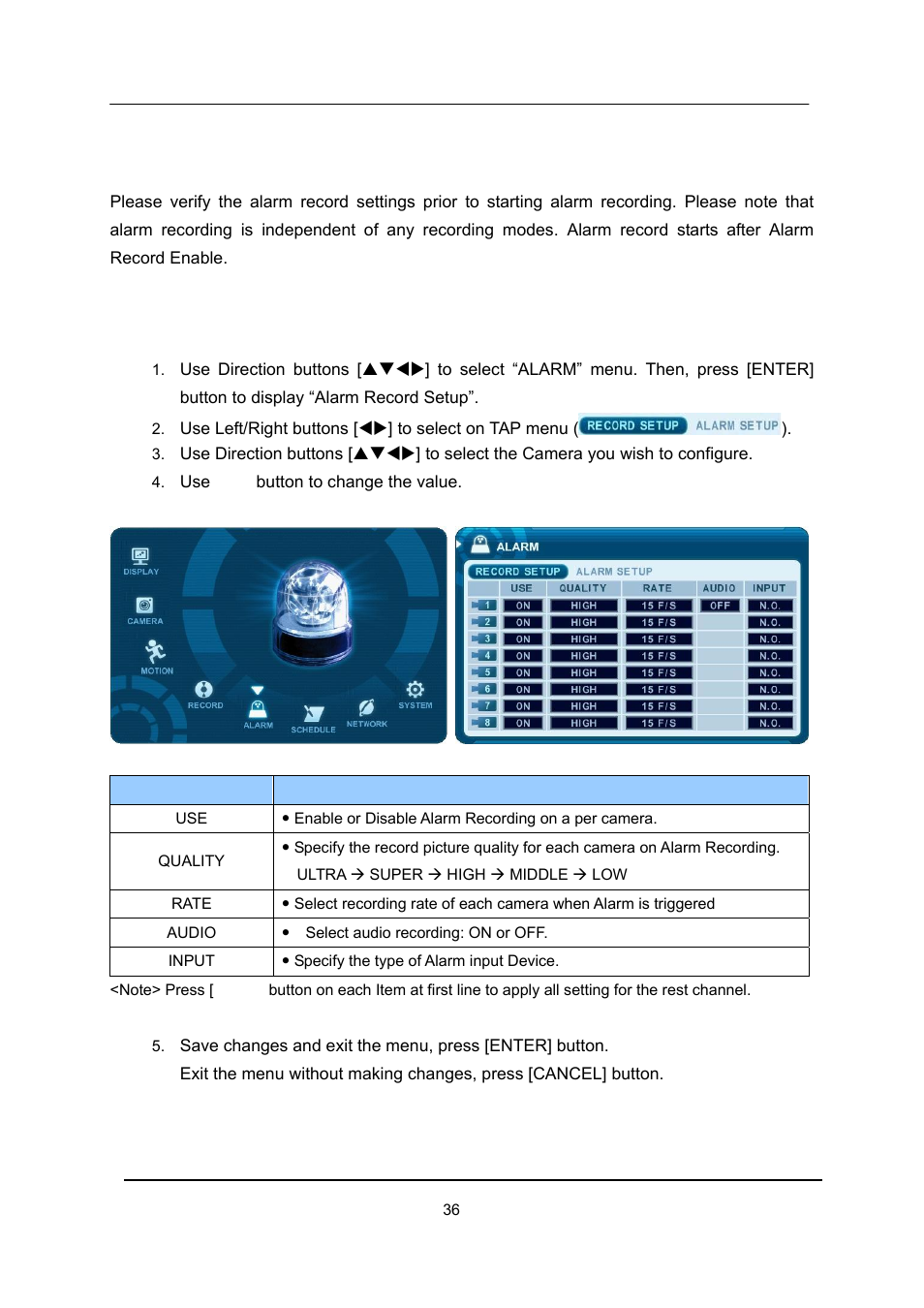 Alarm recording, Record setup | CCTV Camera Pros iDVR-E Series Video Surveillance Recorders Product Manual User Manual | Page 37 / 104