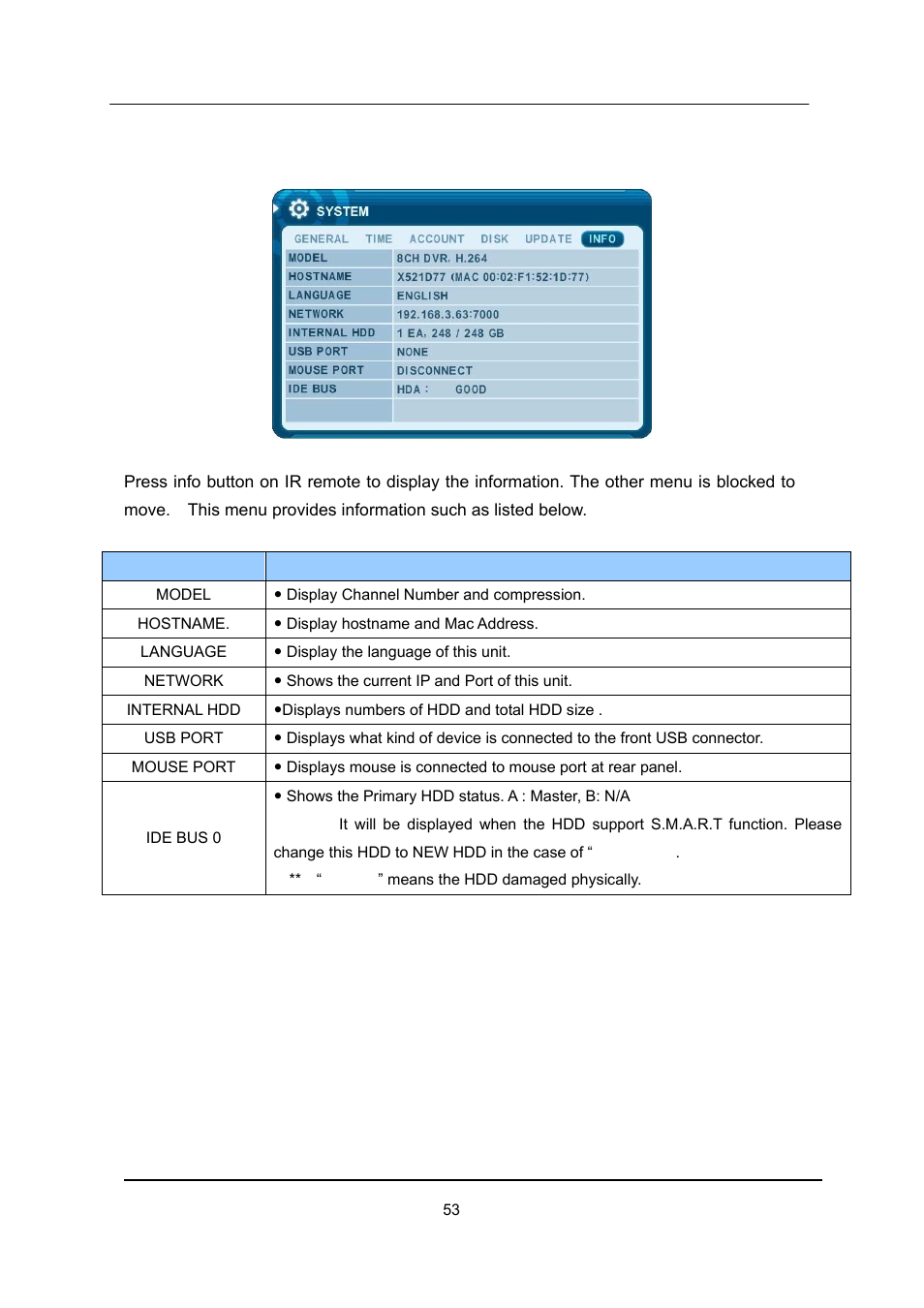 Info | CCTV Camera Pros iDVR-E Series Video Surveillance Recorders Product Manual User Manual | Page 54 / 104