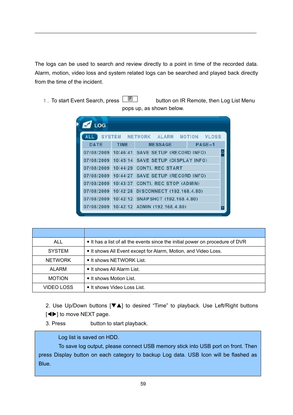 Log list search/alarm, motion search | CCTV Camera Pros iDVR-E Series Video Surveillance Recorders Product Manual User Manual | Page 60 / 104