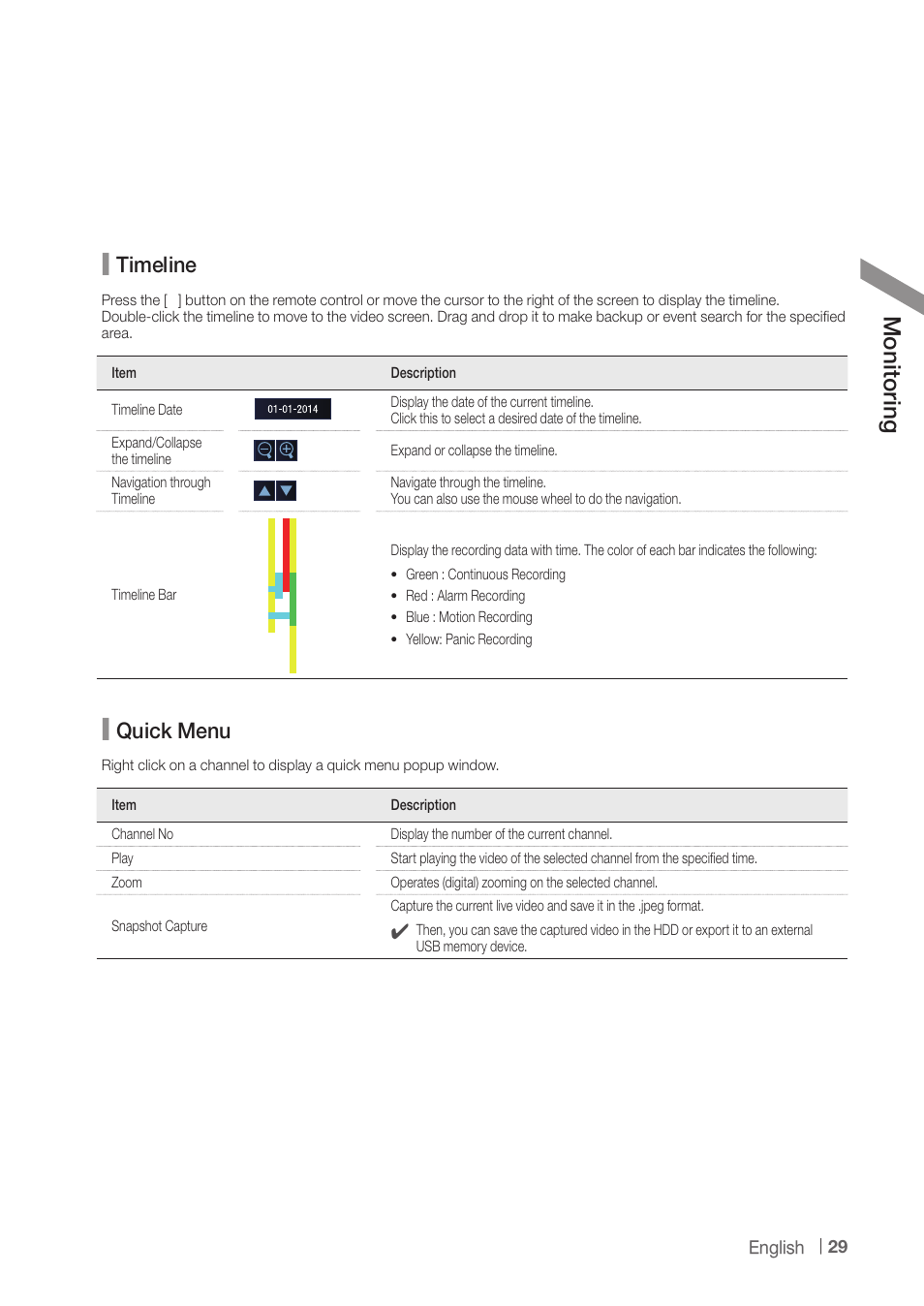 Mon ito rin g, Timeline, Quick menu | CCTV Camera Pros iDVR-PRO H Series DVRs User Manual | Page 29 / 150