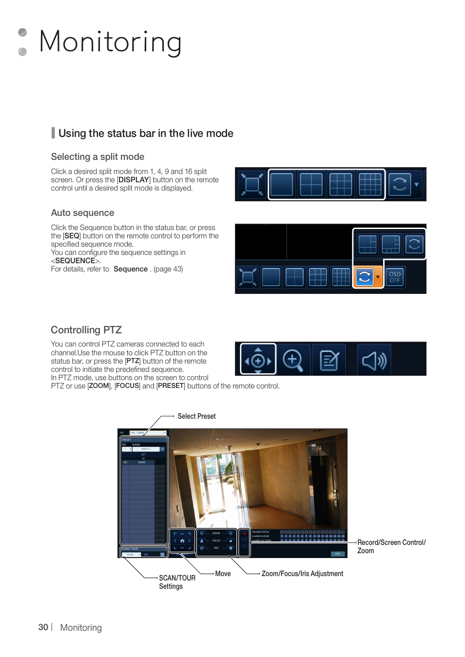 Monitoring, Using the status bar in the live mode, Controlling ptz | CCTV Camera Pros iDVR-PRO H Series DVRs User Manual | Page 30 / 150