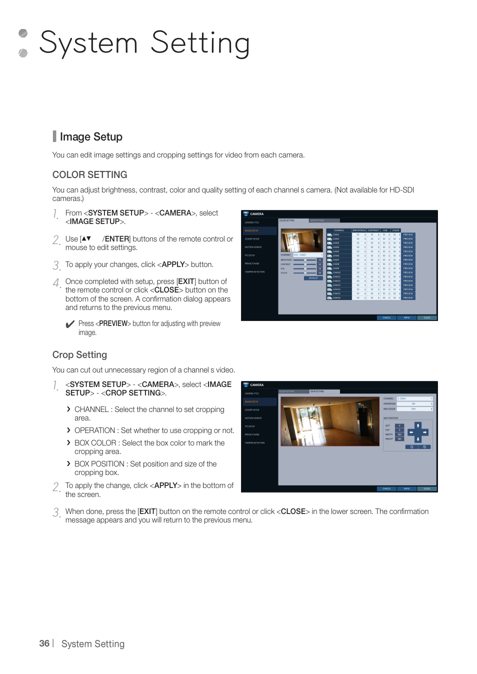 System setting, Image setup | CCTV Camera Pros iDVR-PRO H Series DVRs User Manual | Page 36 / 150