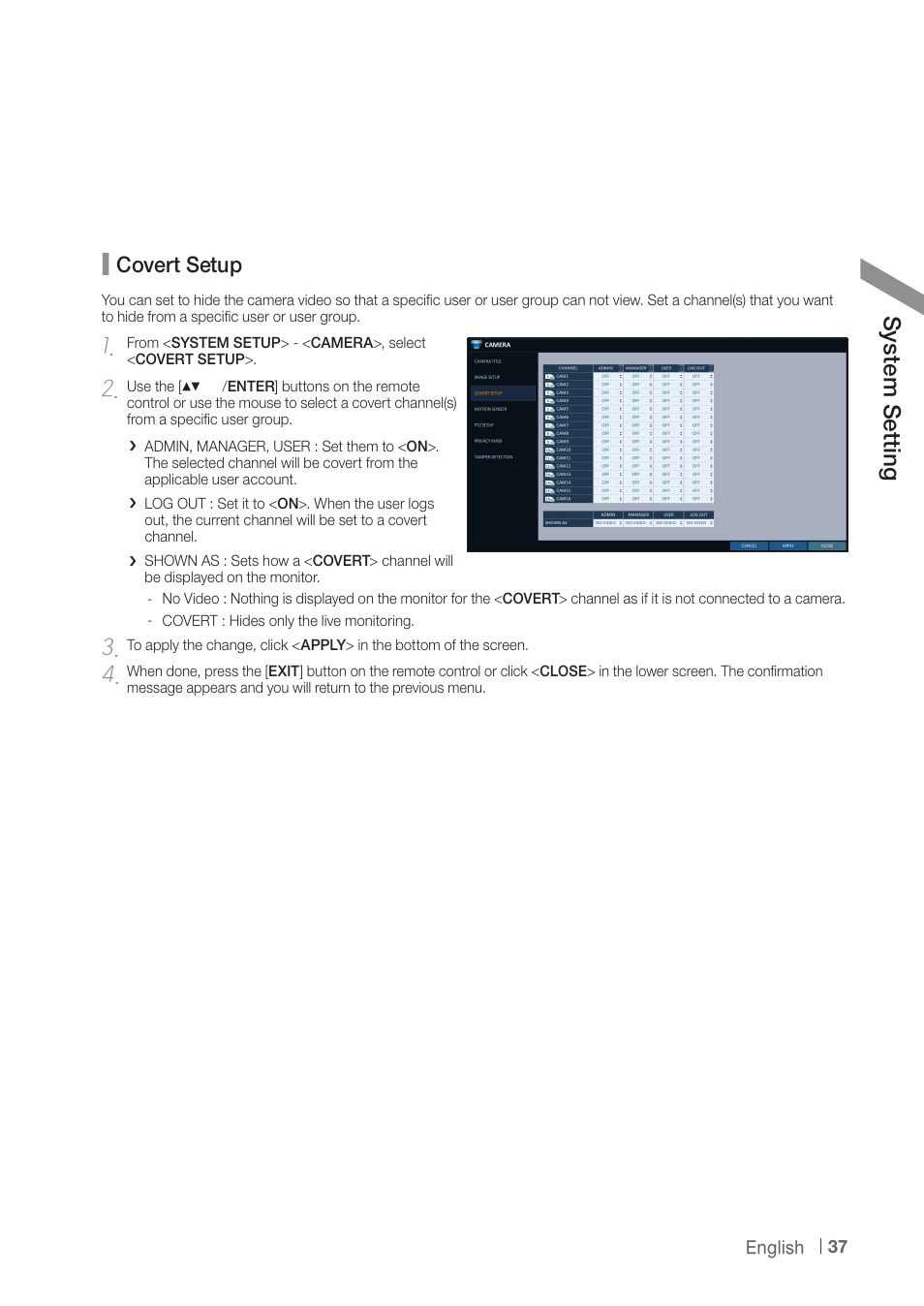 Sy ste m s ett ing, Covert setup | CCTV Camera Pros iDVR-PRO H Series DVRs User Manual | Page 37 / 150