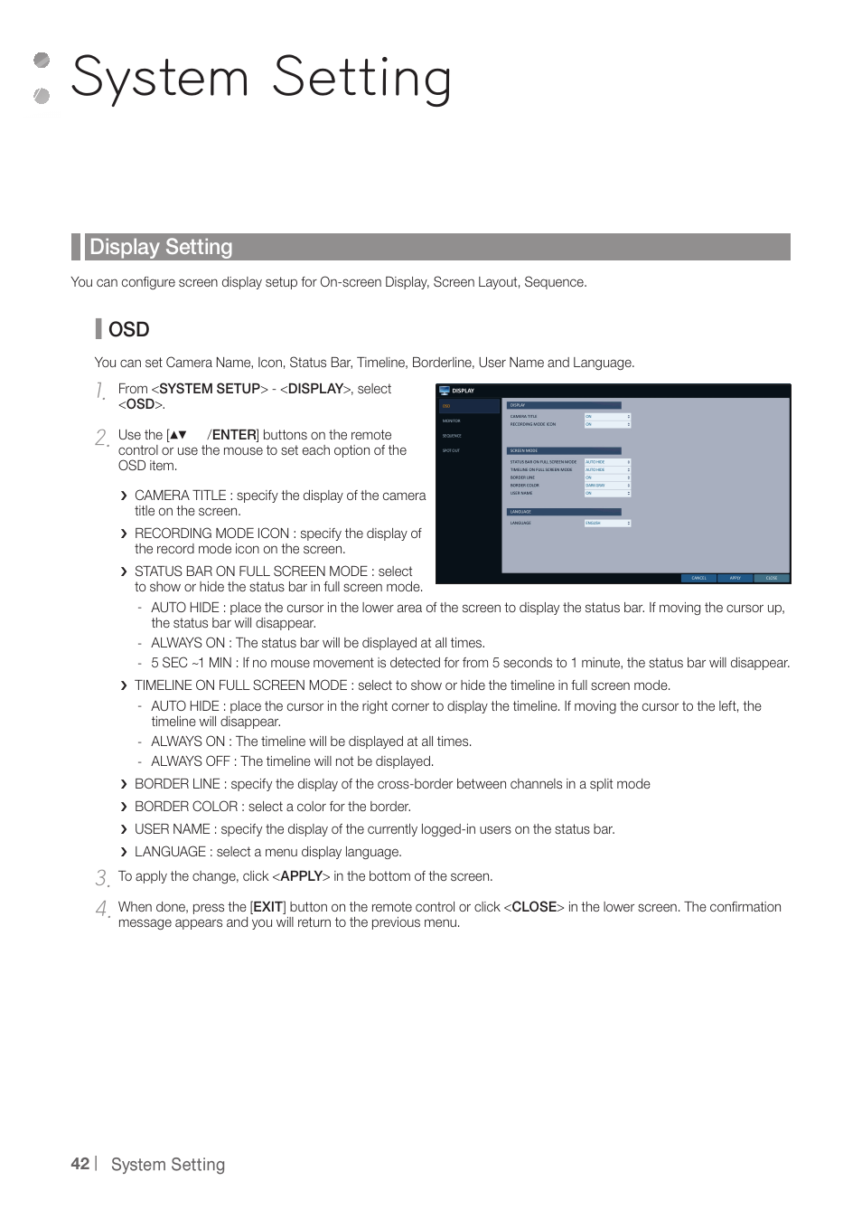 System setting, Display setting | CCTV Camera Pros iDVR-PRO H Series DVRs User Manual | Page 42 / 150