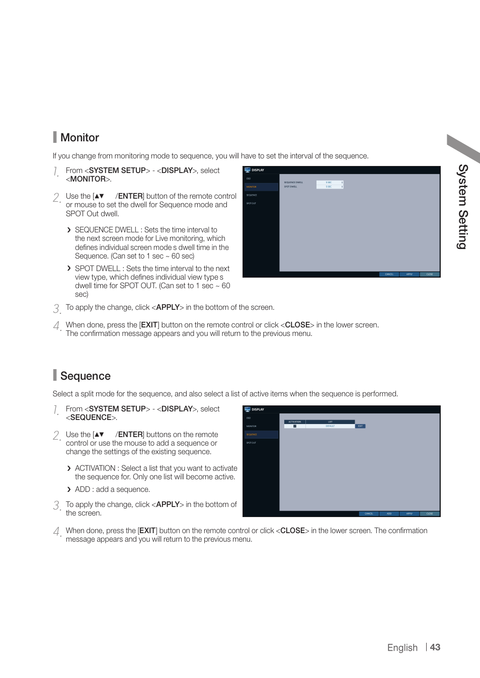 Sy ste m s ett ing, Monitor, Sequence | CCTV Camera Pros iDVR-PRO H Series DVRs User Manual | Page 43 / 150