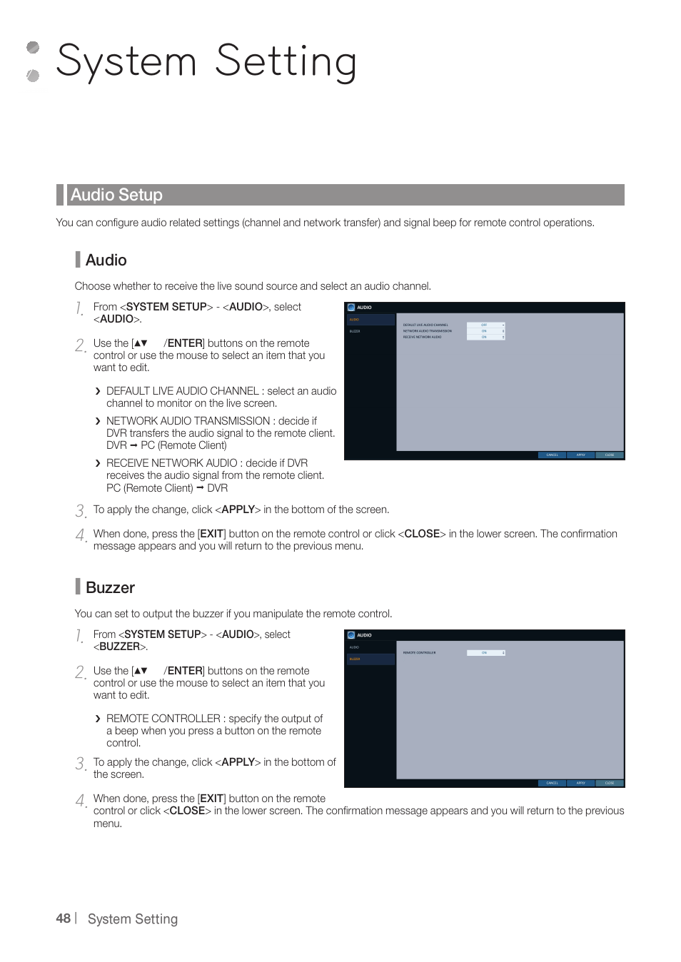 System setting, Audio setup | CCTV Camera Pros iDVR-PRO H Series DVRs User Manual | Page 48 / 150