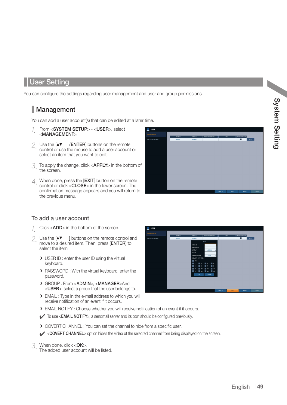 User setting, Sy ste m s ett ing, Management | CCTV Camera Pros iDVR-PRO H Series DVRs User Manual | Page 49 / 150