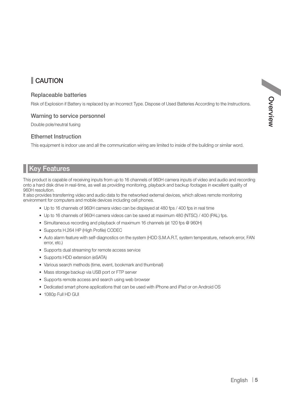 Ove rvie w, Key features, Caution | CCTV Camera Pros iDVR-PRO H Series DVRs User Manual | Page 5 / 150